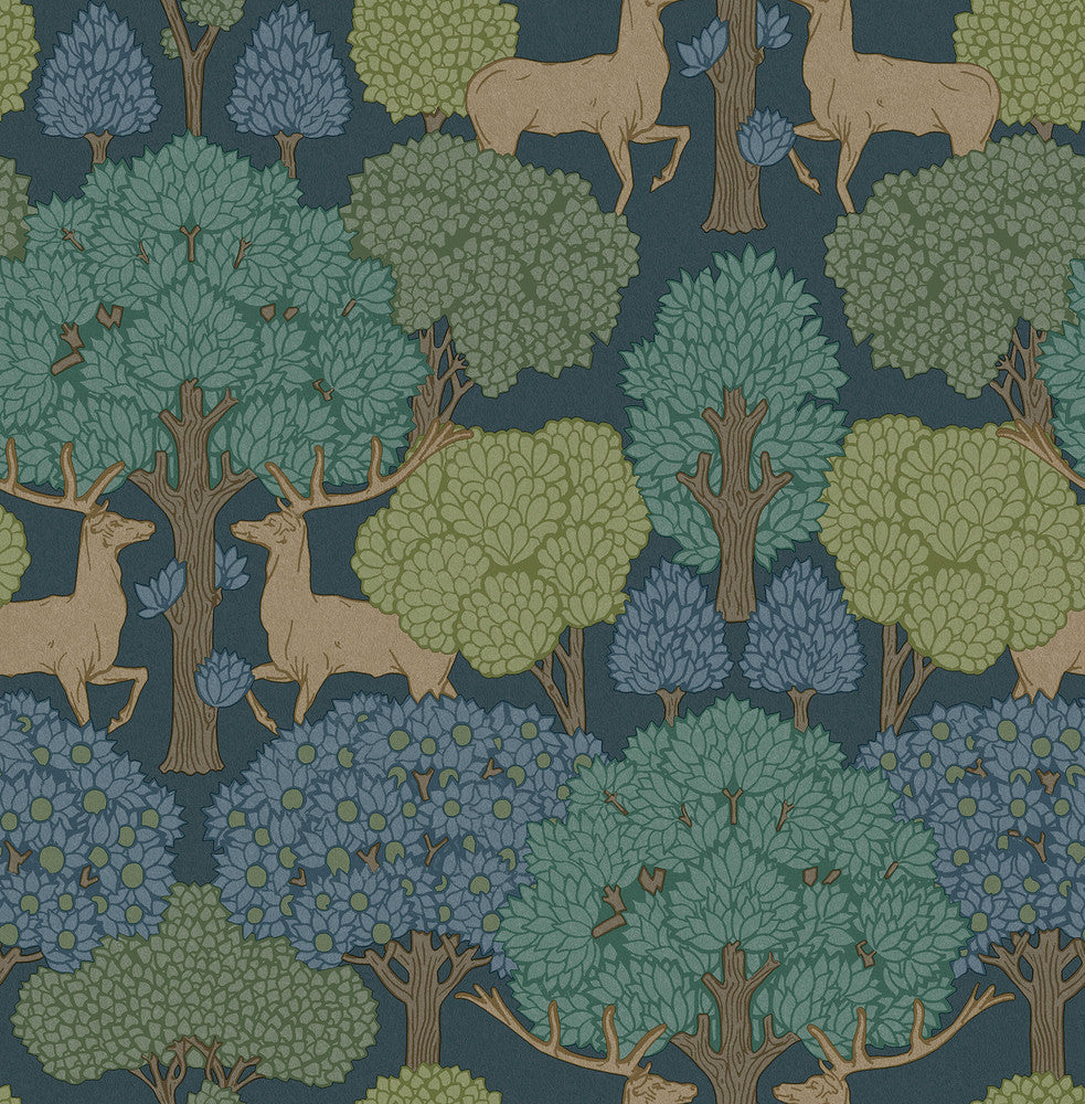 Forest of Arden Blue Deer Wallpaper by Advantage Designer Westbury Forest Covers about 56.4 square feet 20.5-in by 33-ft long roll Unpasted 20.9 - Swanky Fabrics -