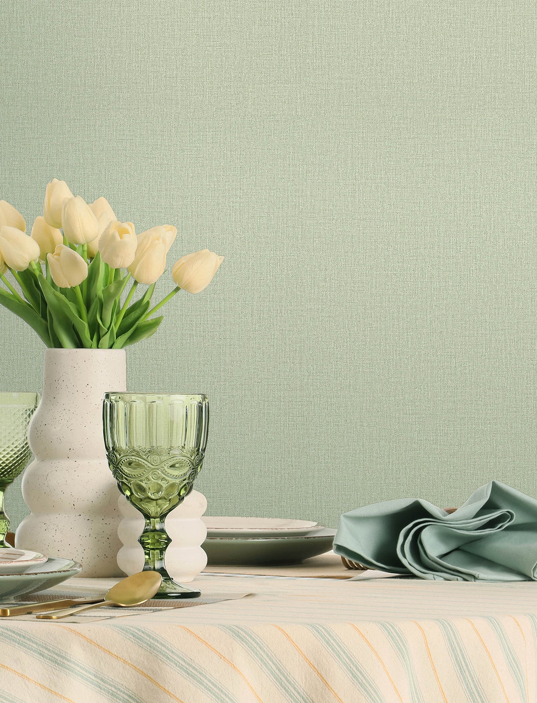 Sonia Light Green Faux Linen Wallpaper by Chesapeake Designer