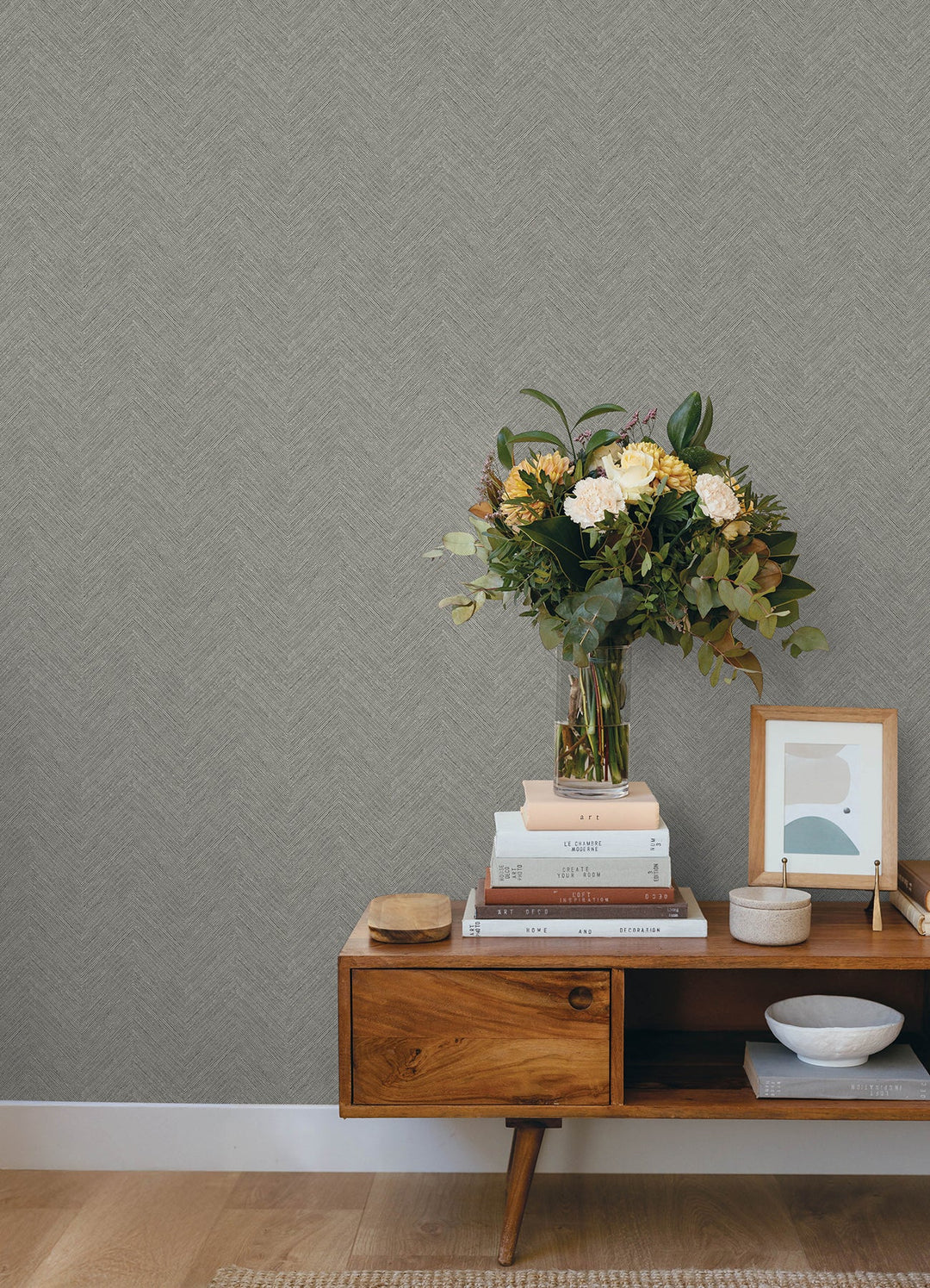 Caladesi Dark Grey Linen Chevron Wallpaper by Chesapeake Designer