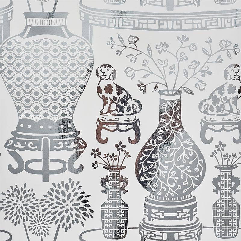 Hellene Mylar Silver 5010610 by Schumacher Designer Wallpaper Step Lively 27.5" - Swanky Fabrics -