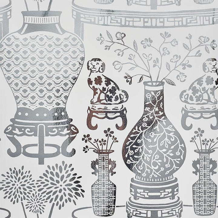 Hellene Mylar Silver 5010610 by Schumacher Designer Wallpaper Step Lively 27.5" - Swanky Fabrics -