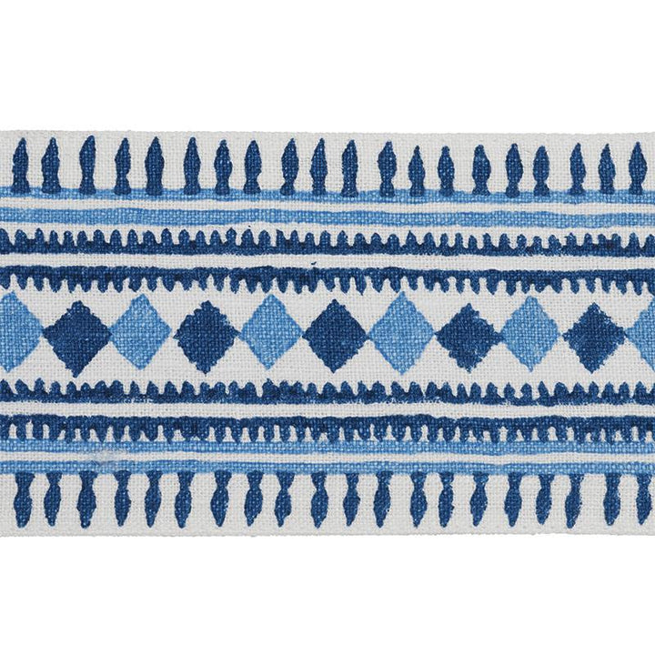 Toula Hand Blocked Linen Tape Blues 77330 by Schumacher Designer Trim Statement Trims - Swanky Fabrics -