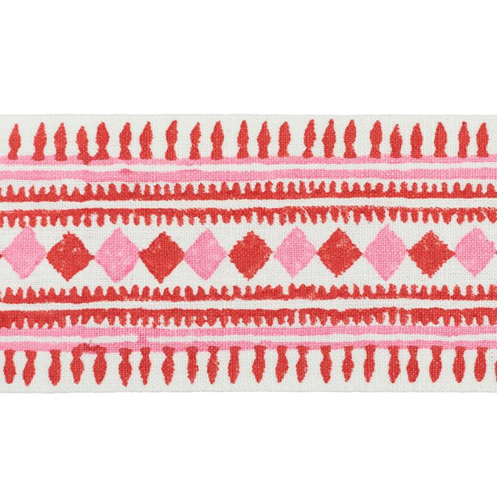 Toula Hand Blocked Linen Tape Red & Pink 77331 by Schumacher Designer Trim Statement Trims - Swanky Fabrics -