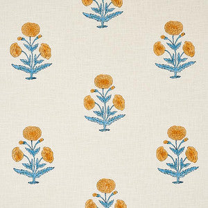 Poppy Hand Block Print Mustard & Sky 179841 by Schumacher Designer Fabric
