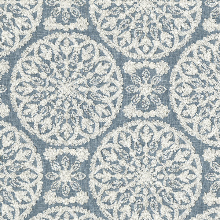 Lace Medallion Emb Cornflower 472230 by PK Lifestyles Designer Fabric Cultural Exchange IX Base: 52% Polyester, 48% Cotton EMB: 100% Rayon India 51000 H: 10.2, V: 9 52 - Swanky Fabrics -