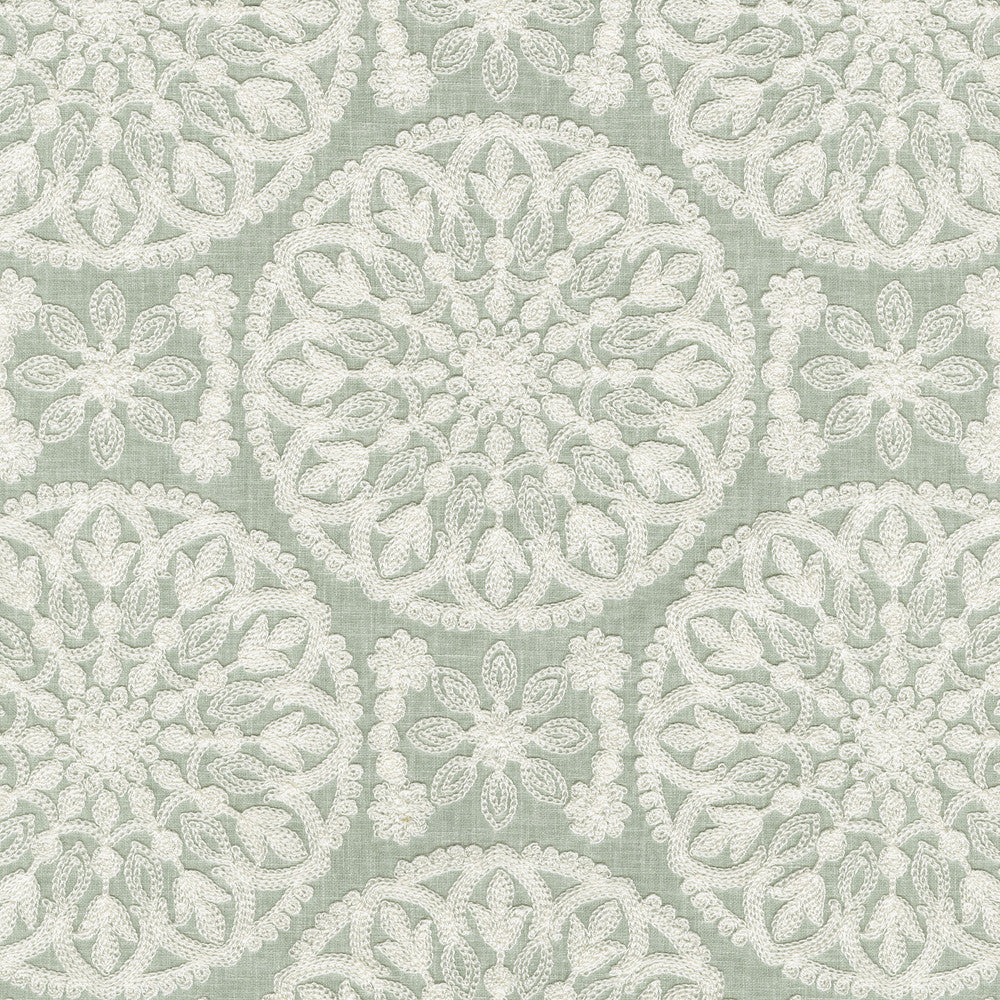 Lace Medallion Emb Mist 472231 by PK Lifestyles Designer Fabric Cultural Exchange IX Base: 52% Polyester, 48% Cotton EMB: 100% Rayon India 51000 H: 10.2, V: 9 52 - Swanky Fabrics -