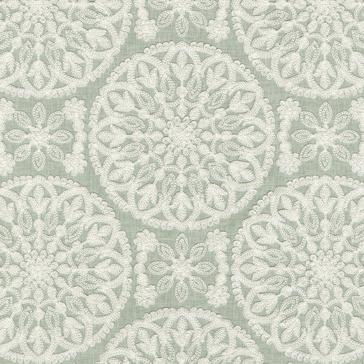 Lace Medallion Emb Mist 472231 by PK Lifestyles Designer Fabric Cultural Exchange IX Base: 52% Polyester, 48% Cotton EMB: 100% Rayon India 51000 H: 10.2, V: 9 52 - Swanky Fabrics -