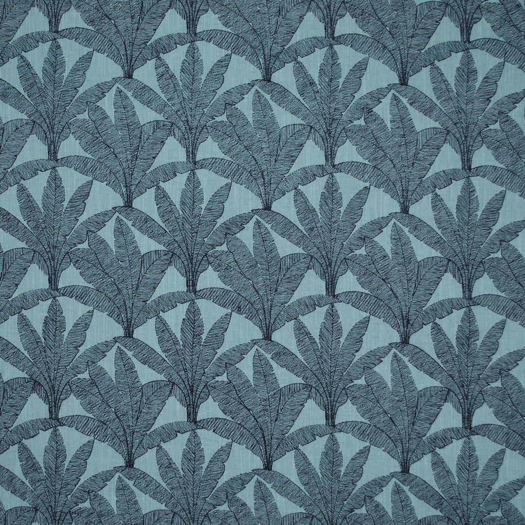 Maui Palm Emb Indigo 473220 by PKL Studio Designer Fabric - BASE:52% Cotton 48% Polyester EMB:60% Polyester 25% Cotton 15% Linen India 51000 Horizontal: 6.750" and Vertical: 6.250" 54 - Swanky Fabrics -