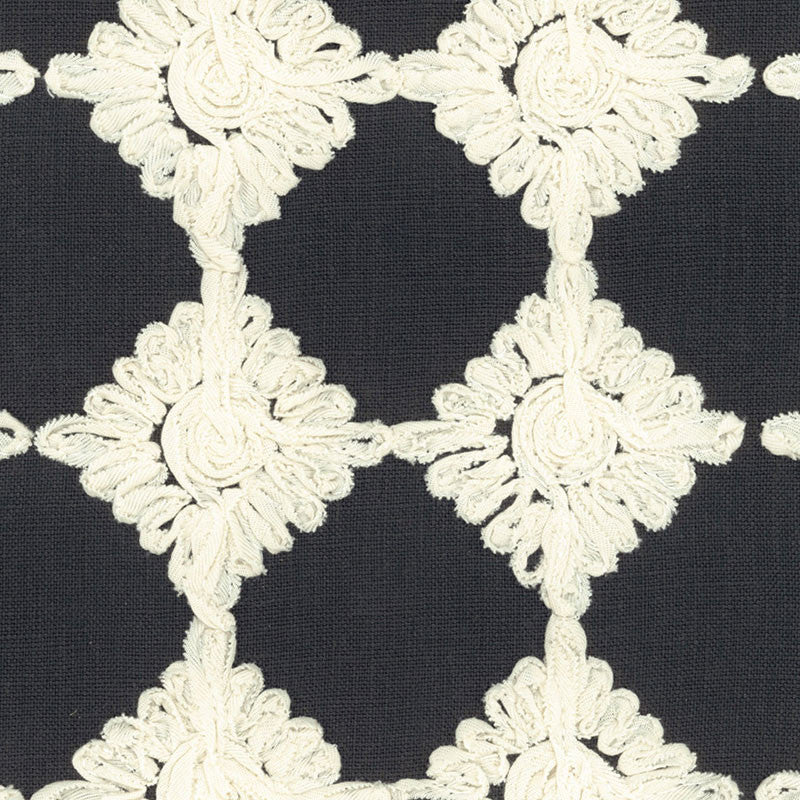 Rosette Embroidery Charcoal 55870 by Schumacher Designer Fabric MODERN WOVENS See Sample ITALY LIGHT DUTY </p><p>Repeat: Horizontal: 3" (8CM) and Vertical: 3" (8CM) 53 1/2" WIDE (136CM) - Swanky Fabrics -