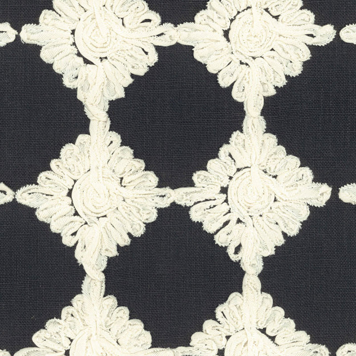 Rosette Embroidery Charcoal 55870 by Schumacher Designer Fabric MODERN WOVENS See Sample ITALY LIGHT DUTY </p><p>Repeat: Horizontal: 3" (8CM) and Vertical: 3" (8CM) 53 1/2" WIDE (136CM) - Swanky Fabrics -