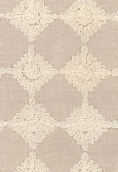 Rosette Embroidery Alabaster 55872 by Schumacher Designer Fabric COLLECTION-NAME-TBA-55870 70% Linen, 30% Cotton Martindale 5,000 Horizontal: 3 and Vertical: 3 53.5 - Swanky Fabrics -