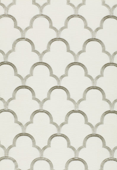 Scallop Embroidery Platinum 64323 by Schumacher Designer Fabric COLLECTION-NAME-TBA-64320 75% Cotton, 25% Viscose Martindale 5,600 Horizontal: 5.5 and Vertical: 7.5 49.875 - Swanky Fabrics -