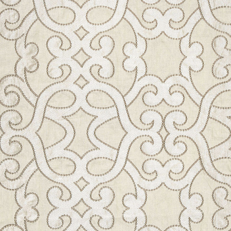 Amboise Linen Embroidery Oyster 65182 by Schumacher Designer Fabric AU NATUREL See Sample INDIA . </p><p>Repeat: Horizontal: 16 3/4" (43CM) and Vertical: 15" (38CM) 50" WIDE (127CM) - Swanky Fabrics -