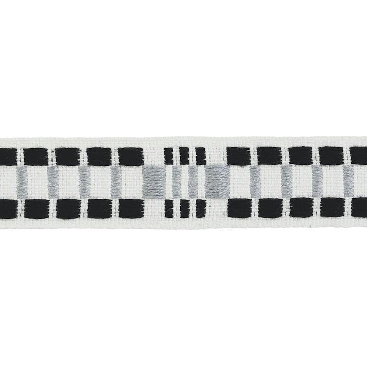 Carmo Tape Narrow Silver & Black 78991 by Schumacher Designer Trim Stephanie Seal Brown - Swanky Fabrics -