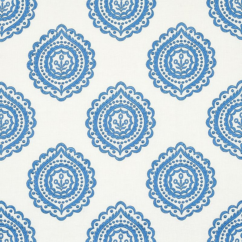 Olana Linen Embroidery Blue 70206 by Schumacher Designer Fabric Rhapsody In Blue 12.67" - Swanky Fabrics -