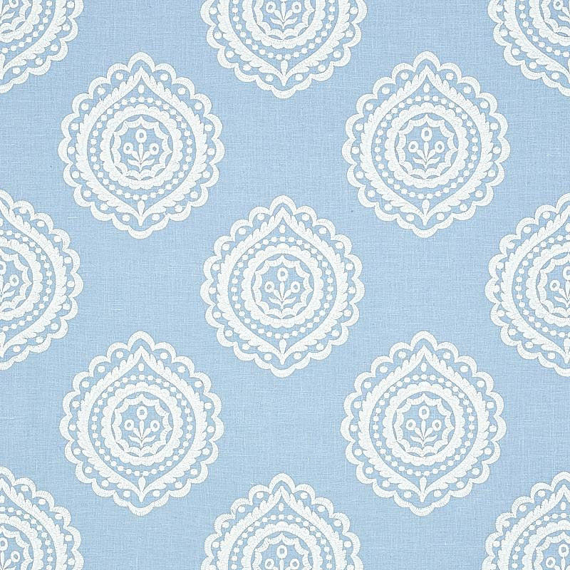 Olana Linen Embroidery Sky 70207 by Schumacher Designer Fabric Rhapsody In Blue 12.67" - Swanky Fabrics -