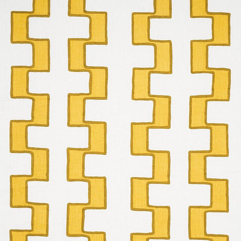 Dixon Embroidered Print Linen Yellow 179681 by Schumacher Designer Fabric World View 17.25" - Swanky Fabrics -