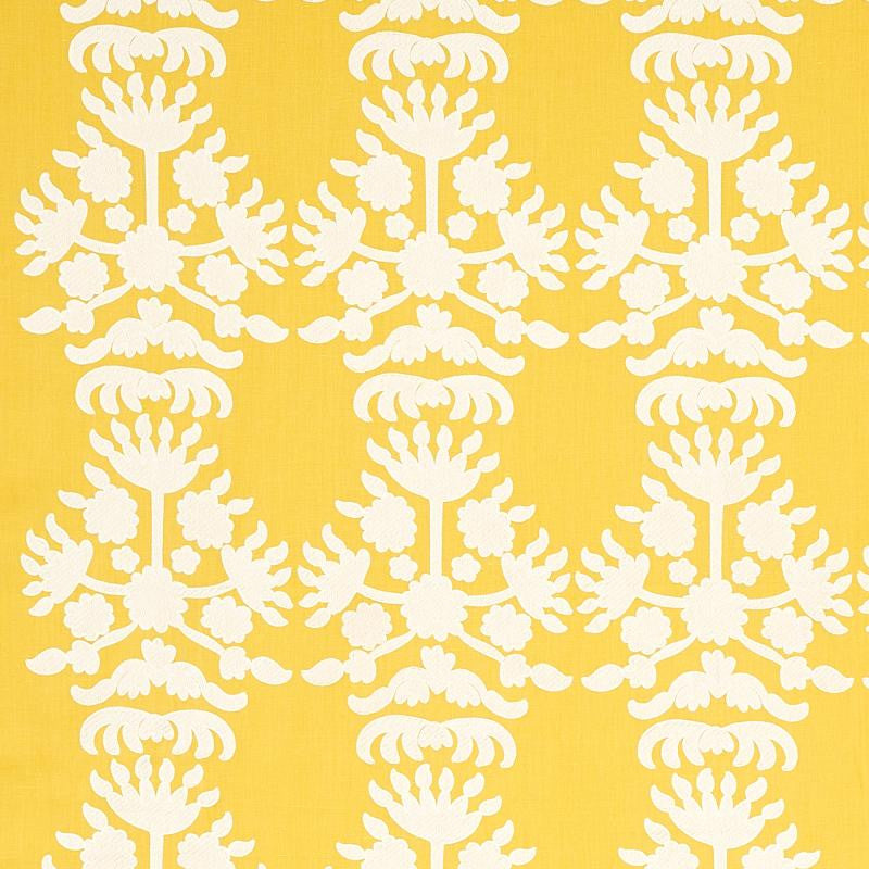 Cybele Embroidery Yellow 79471 by Schumacher Designer Fabric Bohemia 12.5" - Swanky Fabrics -