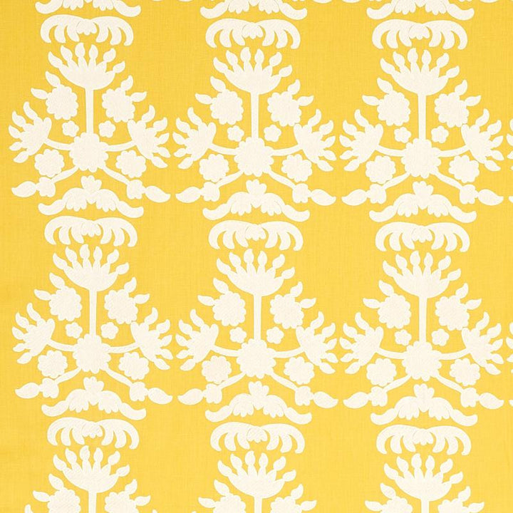 Cybele Embroidery Yellow 79471 by Schumacher Designer Fabric Bohemia 12.5" - Swanky Fabrics -