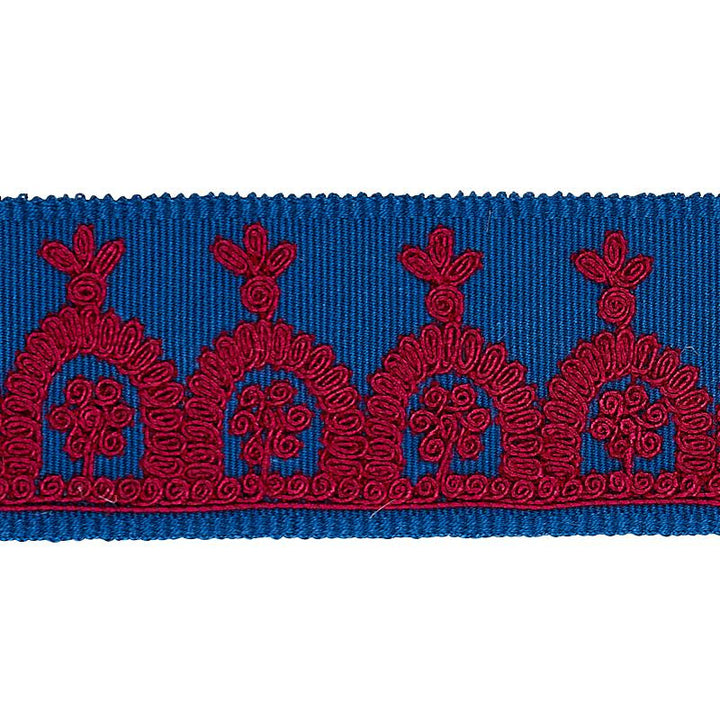 Noelia Embroidered Tape Red On Blue 74156 by Schumacher Designer Trim East Meets West 1.0" - Swanky Fabrics -