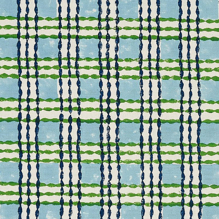 Trellis Hand Block Print Sky & Grass 179800 by Schumacher Designer Fabric Molly Mahon 1.62" - Swanky Fabrics -