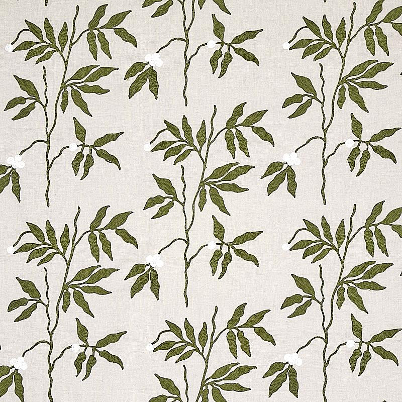 Lilla Embroidery Olive On Neutral 80430 by Schumacher Designer Fabric New Traditional 18.0" - Swanky Fabrics -
