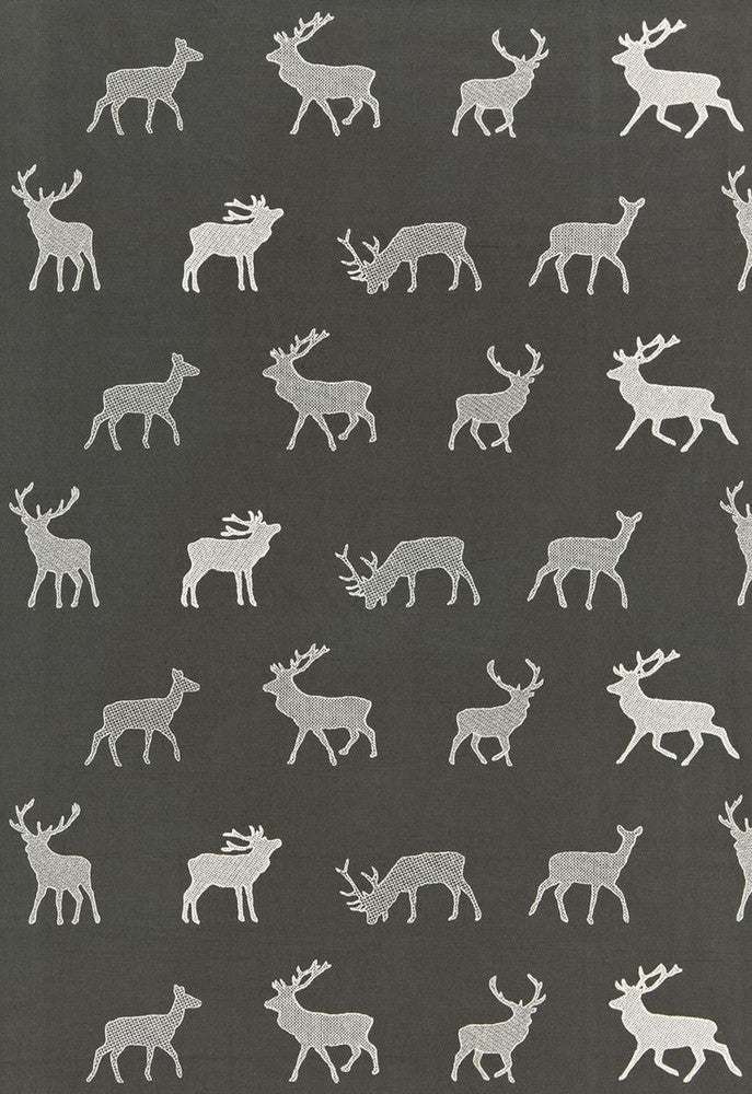 Caribou Embroidery Charcoal 67160 by Schumacher Designer Fabric Luxe-Lodge 80% Cotton, 20% Spun Wyzenbeek 10,000 Horizontal: 25.375 and Vertical: 11.25 51 - Swanky Fabrics -