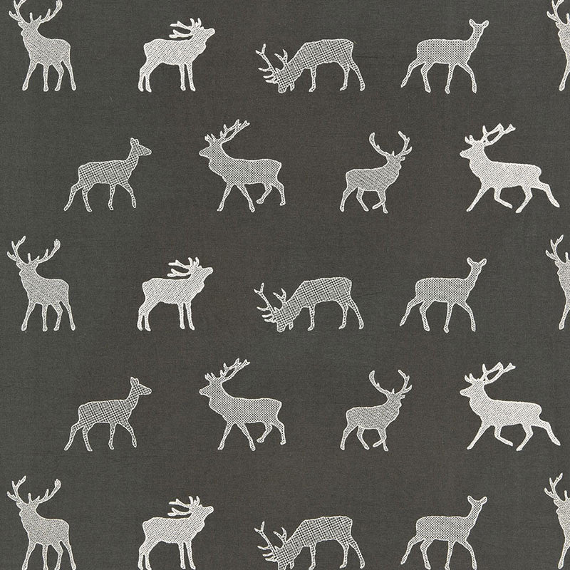 Caribou Embroidery Charcoal 67160 by Schumacher Designer Fabric LUXE LODGE See Sample INDIA . </p><p>Repeat: Horizontal: 25 3/8" (64CM) and Vertical: 11 1/4" (29CM) 51" WIDE (130CM) - Swanky Fabrics -