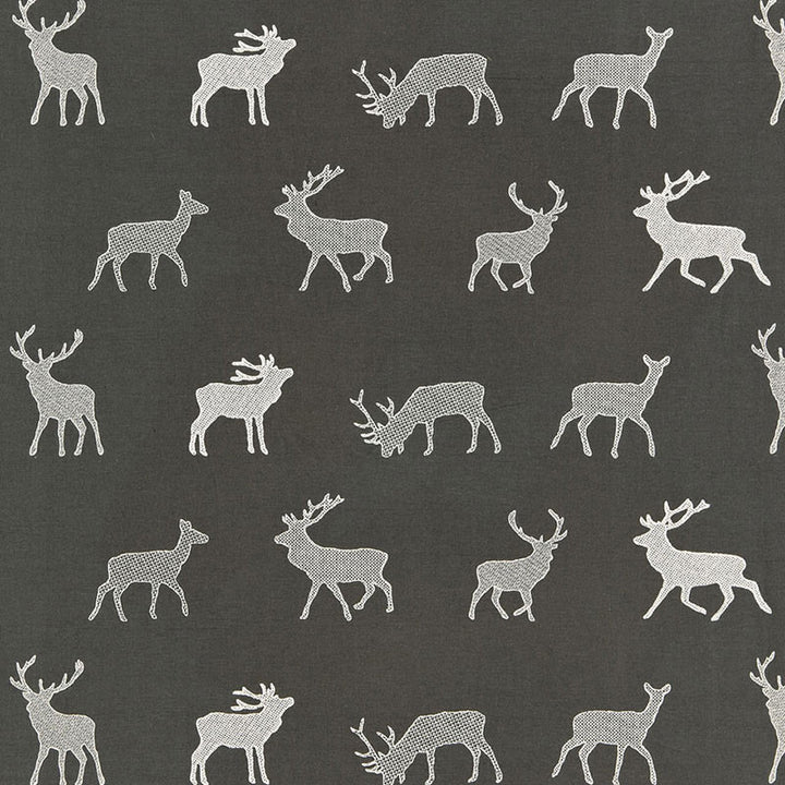 Caribou Embroidery Charcoal 67160 by Schumacher Designer Fabric LUXE LODGE COTTON 80% SPUN POLYESTER 20% INDIA WYZENBEEK 10,000 </p><p>Repeat: Horizontal: 25 3/8" (64CM) and Vertical: 11 1/4" (29CM) 51 - Swanky Fabrics -