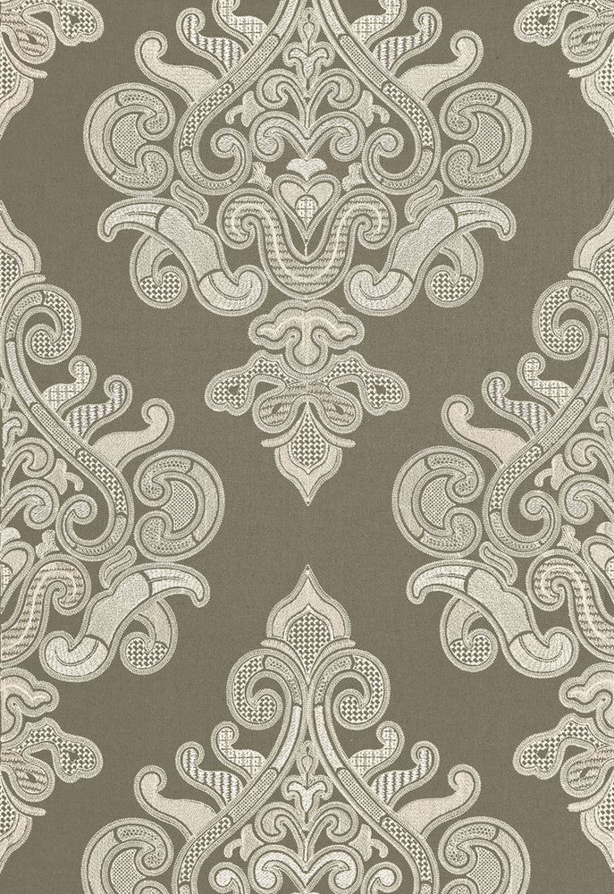 Angkor Embroidery Peat 67580 by Schumacher Designer Fabric Au-Naturel 60% Linen, 36% Viscose, 4% Spun Martindale 8,000 Horizontal: 12.875 and Vertical: 30.25 51.375 - Swanky Fabrics -