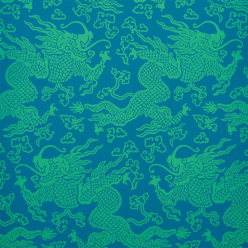 Ruan Dragon Damask Peacock 5010882 by Schumacher Designer Wallpaper Fire Breather 27.0" - Swanky Fabrics -