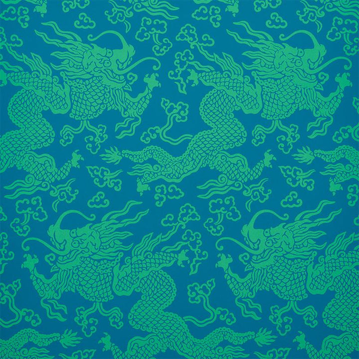Ruan Dragon Damask Peacock 5010882 by Schumacher Designer Wallpaper Fire Breather 27.0" - Swanky Fabrics -