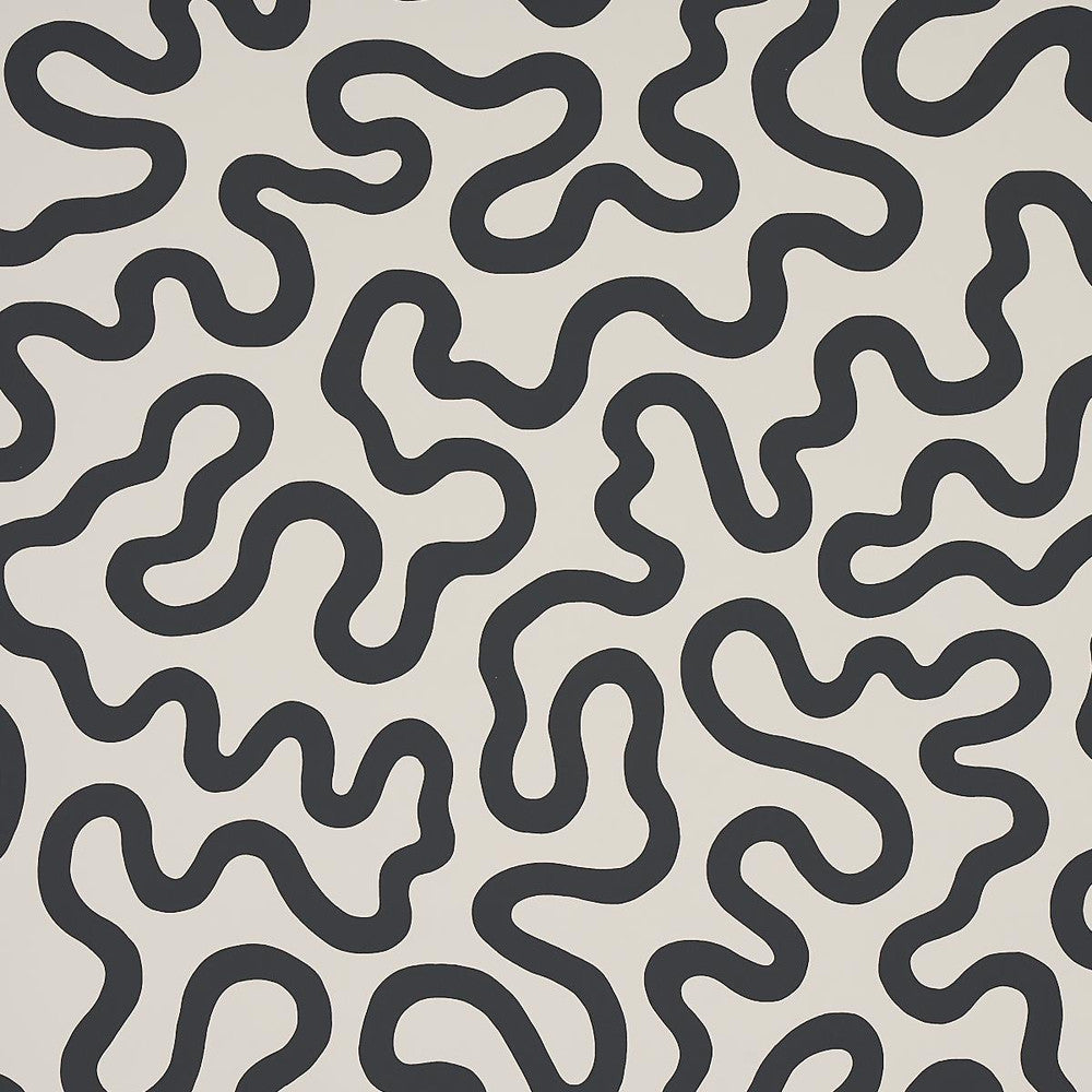 Riley Soft Black 5012930 by Schumacher Designer Wallpaper New Wave: Black & White 27.0" - Swanky Fabrics -