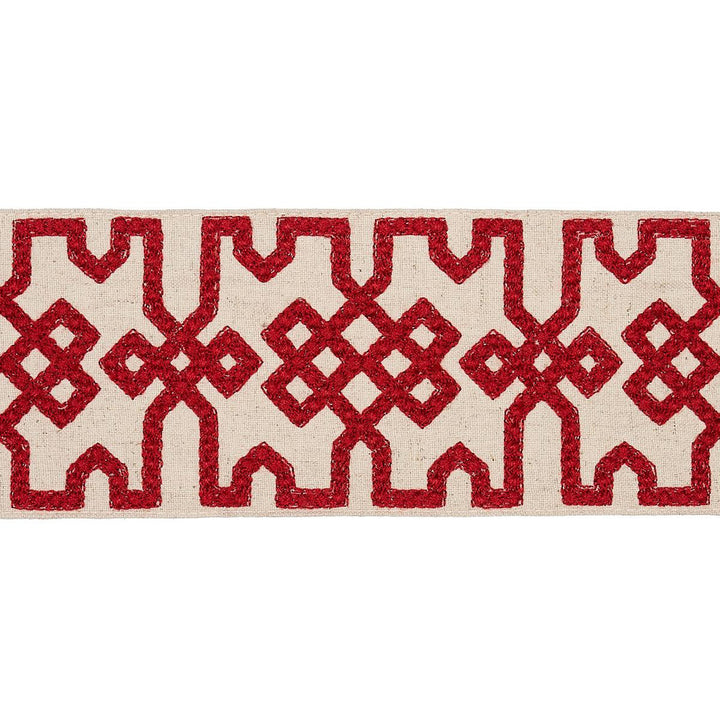 Knotted Trellis Tape Crimson On Unbleached 80881 by Schumacher Designer Trim Orient Express - Swanky Fabrics -
