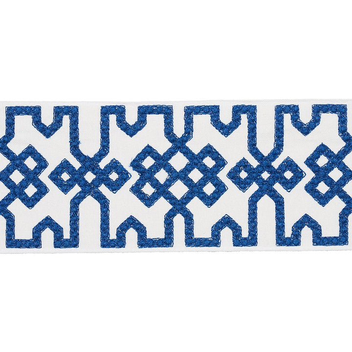 Knotted Trellis Tape Blue On White 80883 by Schumacher Designer Trim Orient Express - Swanky Fabrics -