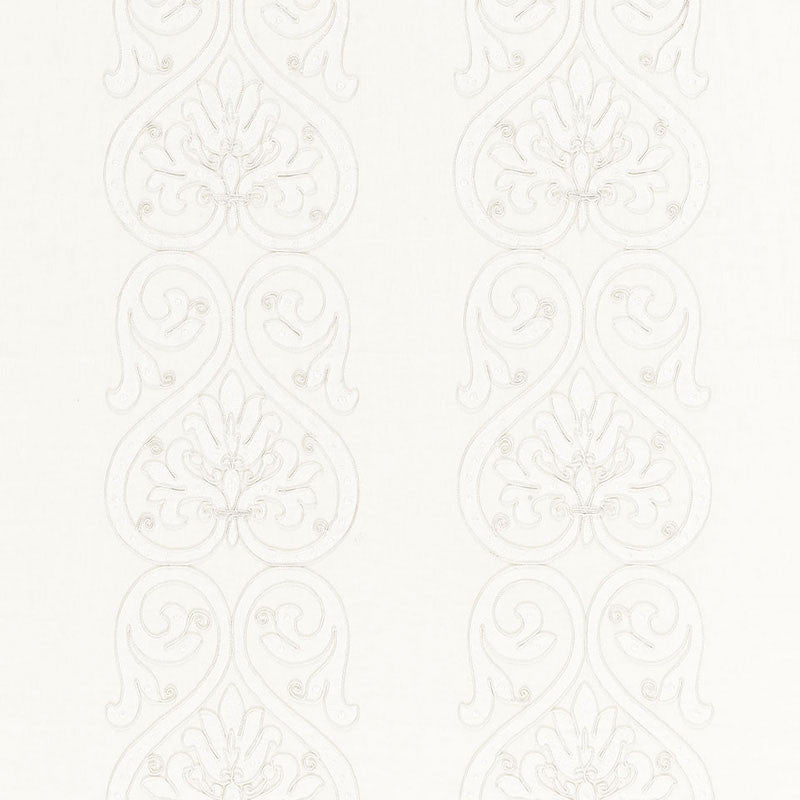 Medici Embroidery Blanc 67640 by Schumacher Designer Fabric ESSENTIALS: SHEERS & CASEMENTS II LINEN 95% VISCOSE 5% INDIA </p><p>Repeat: Horizontal: 13" (33CM) and Vertical: 11 1/2" (29CM) 52 - Swanky Fabrics -