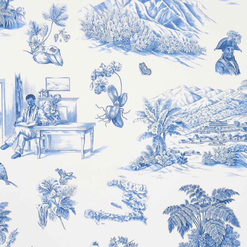 Toussaint Toile Blue On Ivory 5013771 by Schumacher Designer Wallpaper Victor Glemaud 54.0" - Swanky Fabrics -