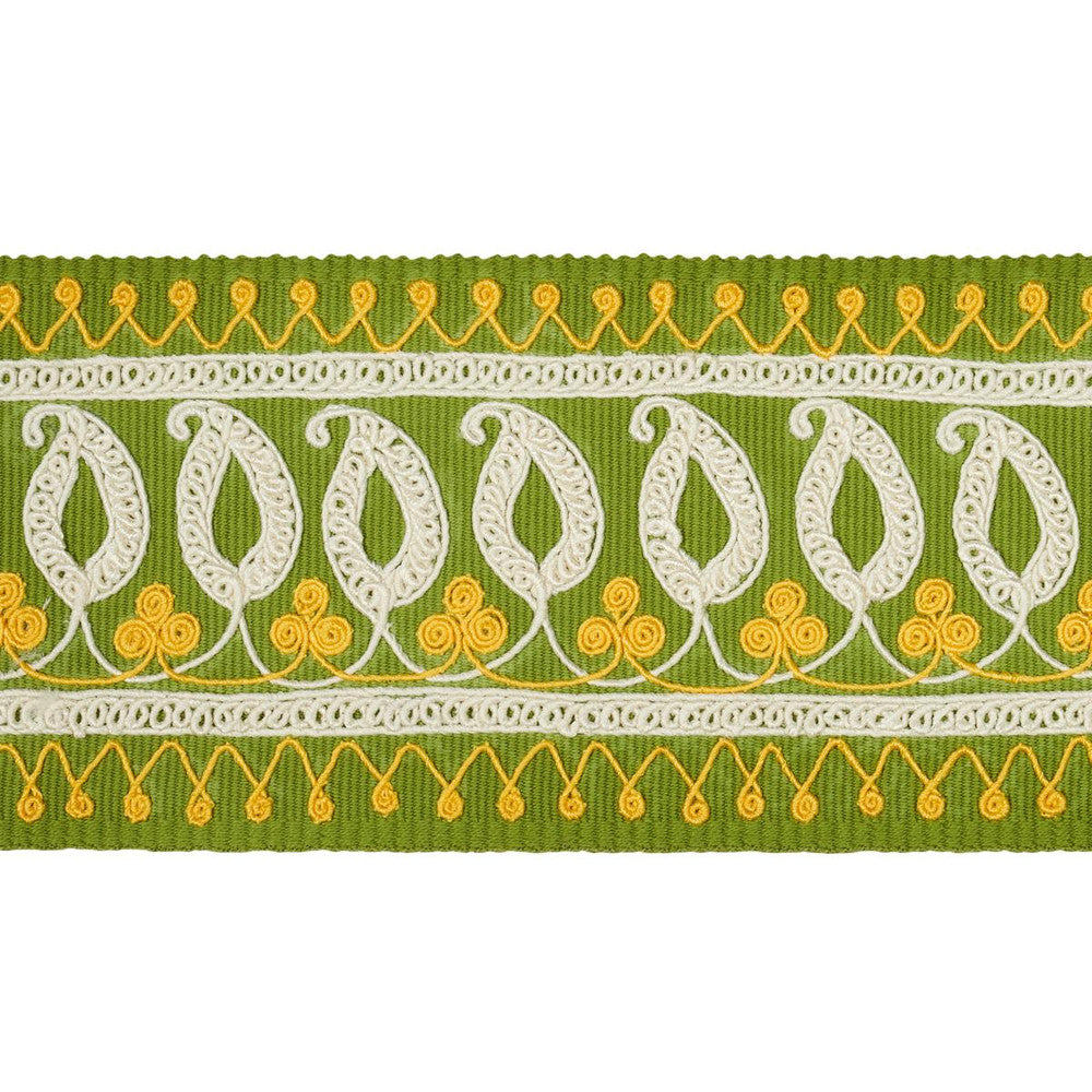 Paisley Embroidered Tape Green & Yellow 81232 by Schumacher Designer Trim Embroidered And Embellished Trims - Swanky Fabrics -