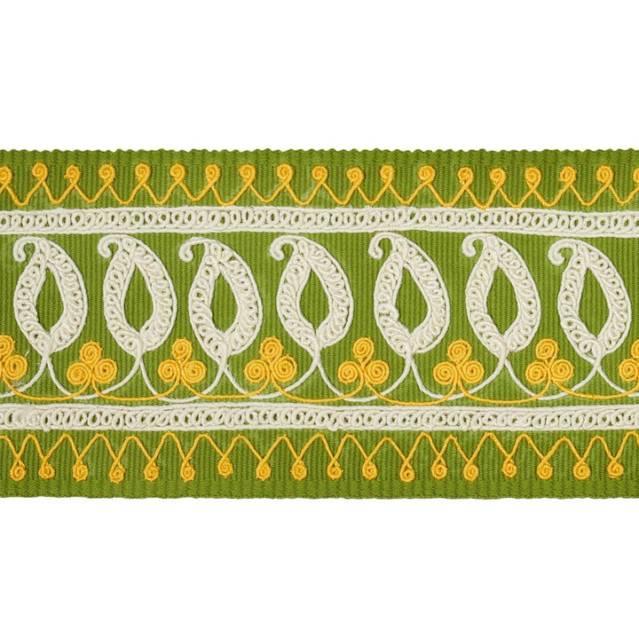 Paisley Embroidered Tape Green & Yellow 81232 by Schumacher Designer Trim Embroidered And Embellished Trims - Swanky Fabrics -