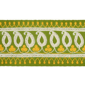 Paisley Embroidered Tape Green & Yellow 81232 by Schumacher Designer Trim
