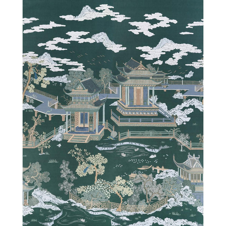 Coromandel Midnight Green 5014162 by Schumacher Designer Wallpaper Panels Collection 108.0" - Swanky Fabrics -