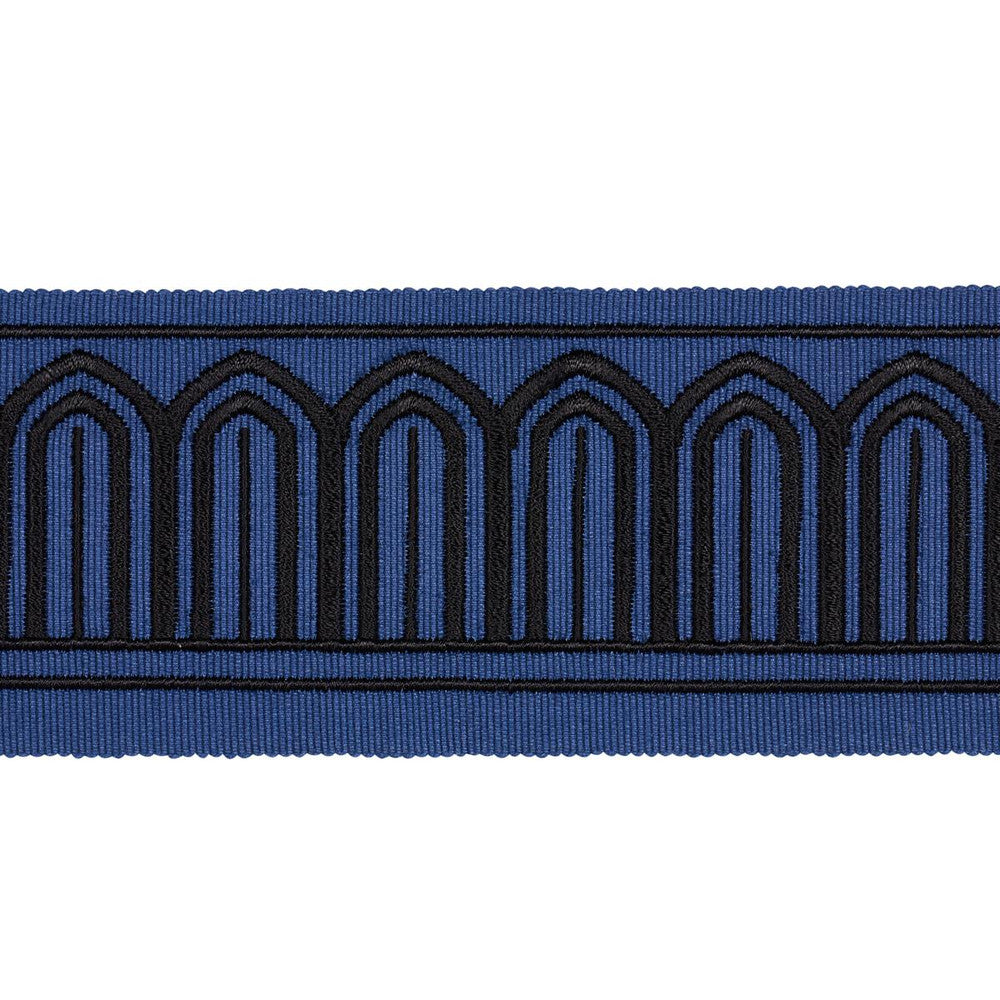 Arches Embroidered Tape Medium Black On Navy 81150 by Schumacher Designer Trim Miles Redd 1.8" - Swanky Fabrics -