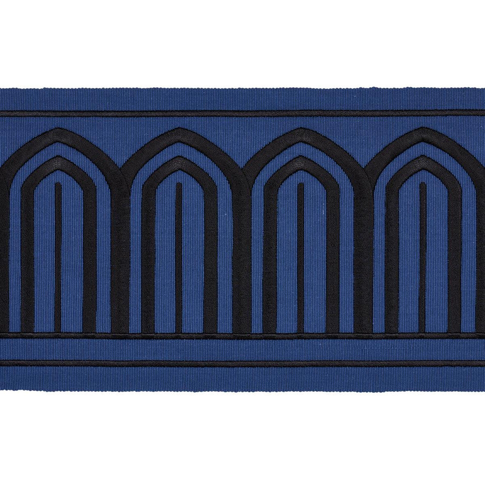 Arches Embroidered Tape Wide Black On Navy 81160 by Schumacher Designer Trim Miles Redd 5.3" - Swanky Fabrics -