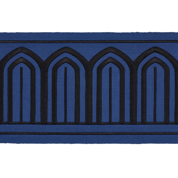 Arches Embroidered Tape Wide Black On Navy 81160 by Schumacher Designer Trim Miles Redd 5.3" - Swanky Fabrics -