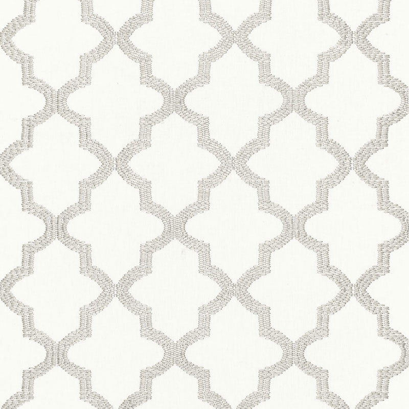 Tangier Embroidery Silver 68343 by Schumacher Designer Fabric CHROMA SP14 See Sample INDIA MEDIUM DUTY </p><p>Repeat: Horizontal: 3 1/2" (9CM) and Vertical: 7 1/2" (19CM) 50" WIDE (127CM) - Swanky Fabrics -