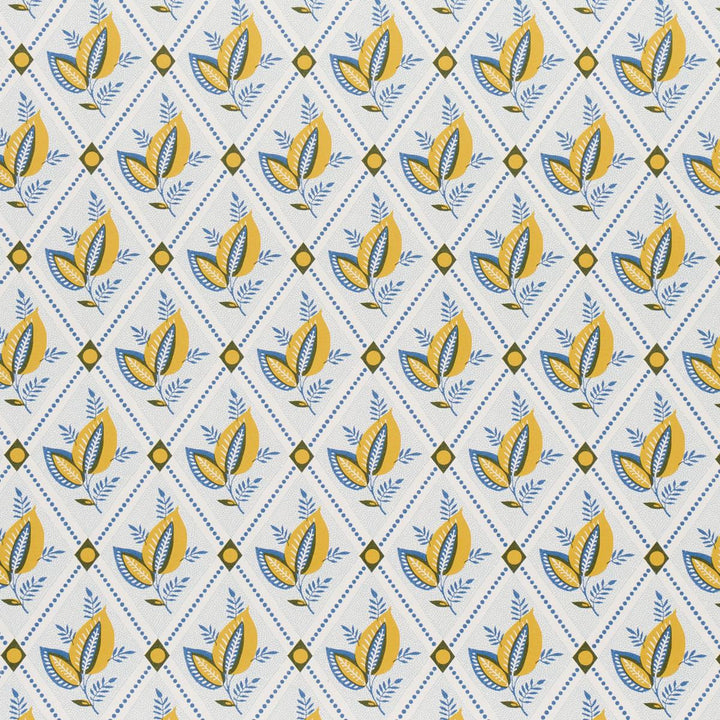Basile Trellis Yellow & Blue 5014230 by Schumacher Designer Wallpaper New Traditional: Provenal 13.5" - Swanky Fabrics -