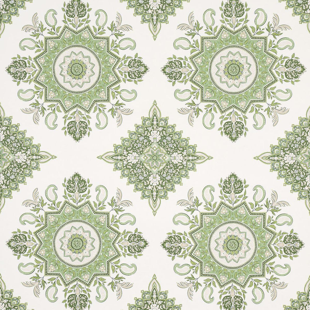 Montecito Medallion Leaf Green 5014361 by Schumacher Designer Wallpaper Mark D. Sikes 27.0" - Swanky Fabrics -
