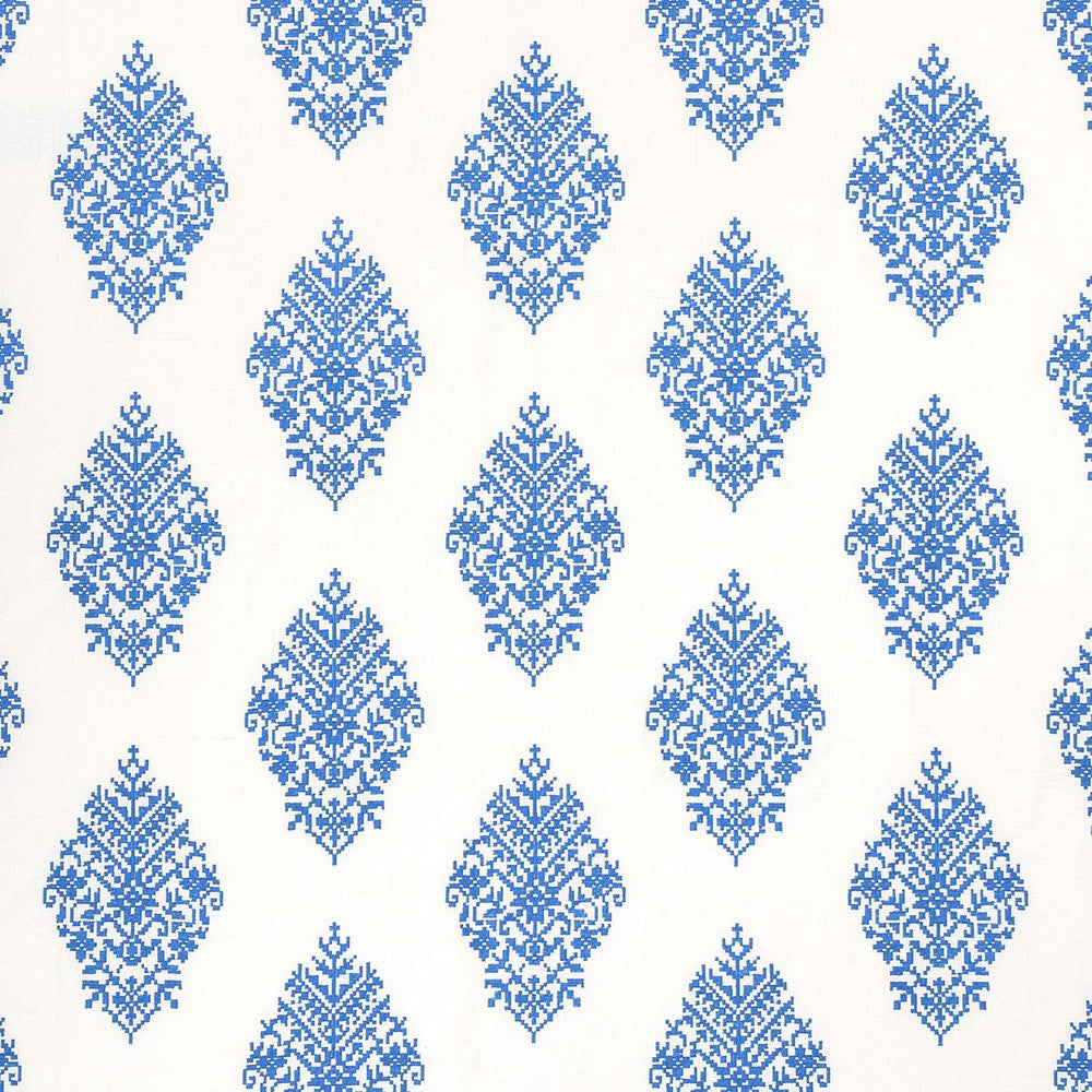 Zinda Embroidery Blue On Ivory 70225 by Schumacher Designer Fabric Bohemia 12.75" - Swanky Fabrics -