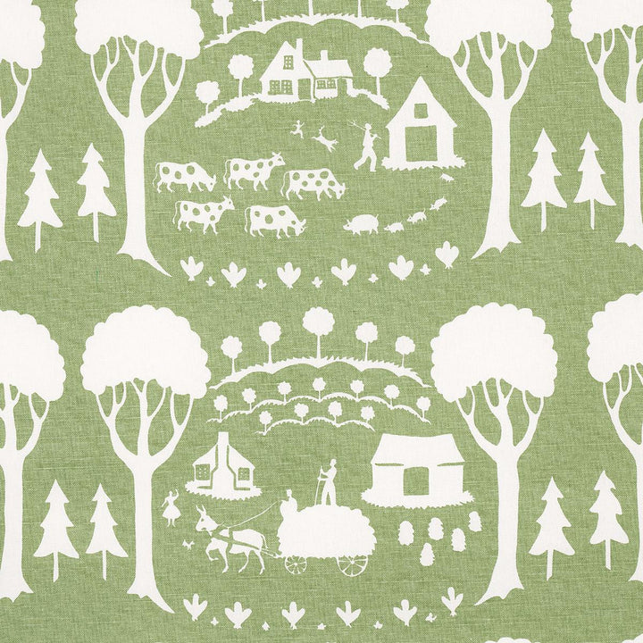 Farm Scene Green 180880 by Schumacher Designer Fabric Folly Cove 18.0" - Swanky Fabrics -
