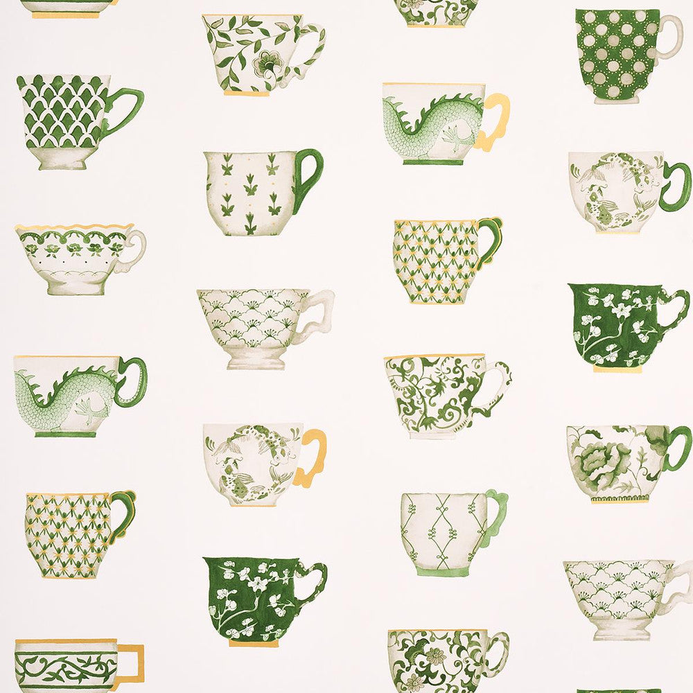 Onie'S Teacups Spring Green 5014781 by Schumacher Designer Wallpaper New Old-Fashioned 27.0" - Swanky Fabrics -